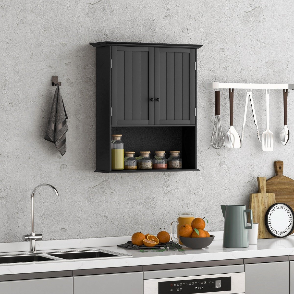 Hängeschrank Medizinschrank Wandschrank mit Doppeltür Badschrank Schwarz von Costway