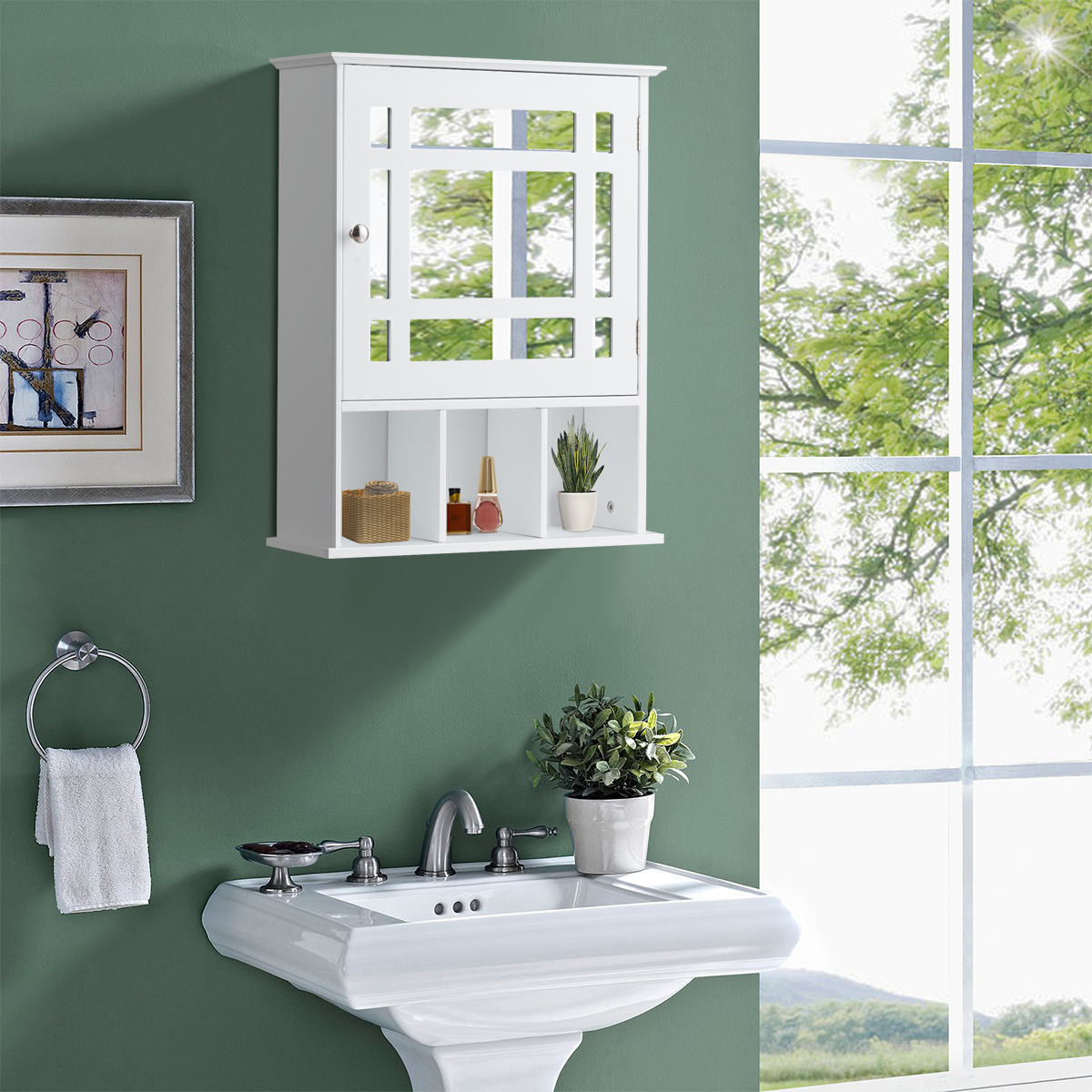 Hängeschrank mit Verstellbarem Einlegeboden & Offenen Fächern Spiegelschrank 50 x 16 x 61 cm Weiß von Costway