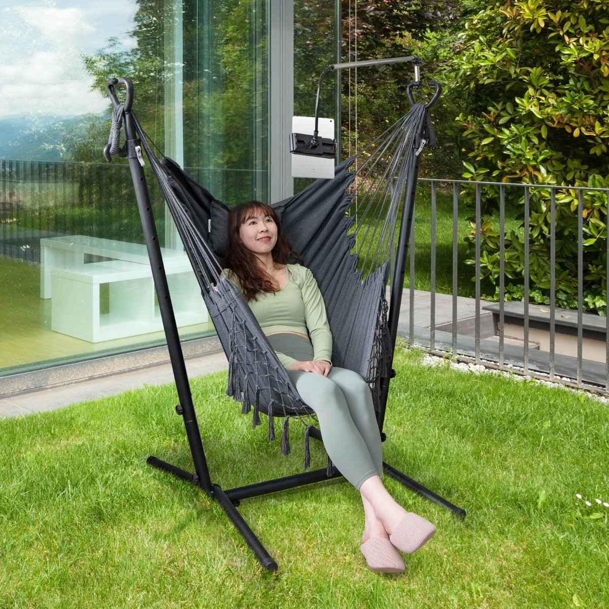 Hängesessel mit Ständer Höhenverstellbarer Hängesitz mit Kissen 152 x 107 x 96-146 cm Grau Hängesessel mit Ständer Höhenverstellbarer Hängesitz mit Kissen 152 x 107 x 96-146 cm Grau von Costway