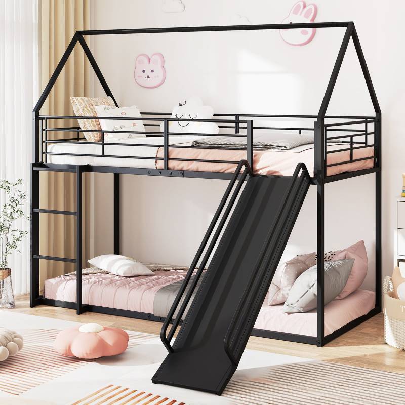 Haus-Etagenbett mit Rutsche niedriges Etagenbettgestell mit Sicherheitsgeländer & Leiter Hochbett 200 x 90 cm Schwarz Haus-Etagenbett mit Rutsche niedriges Etagenbettgestell mit Sicherheitsgeländer & Leiter Hochbett 200 x 90 cm Schwarz von Costway