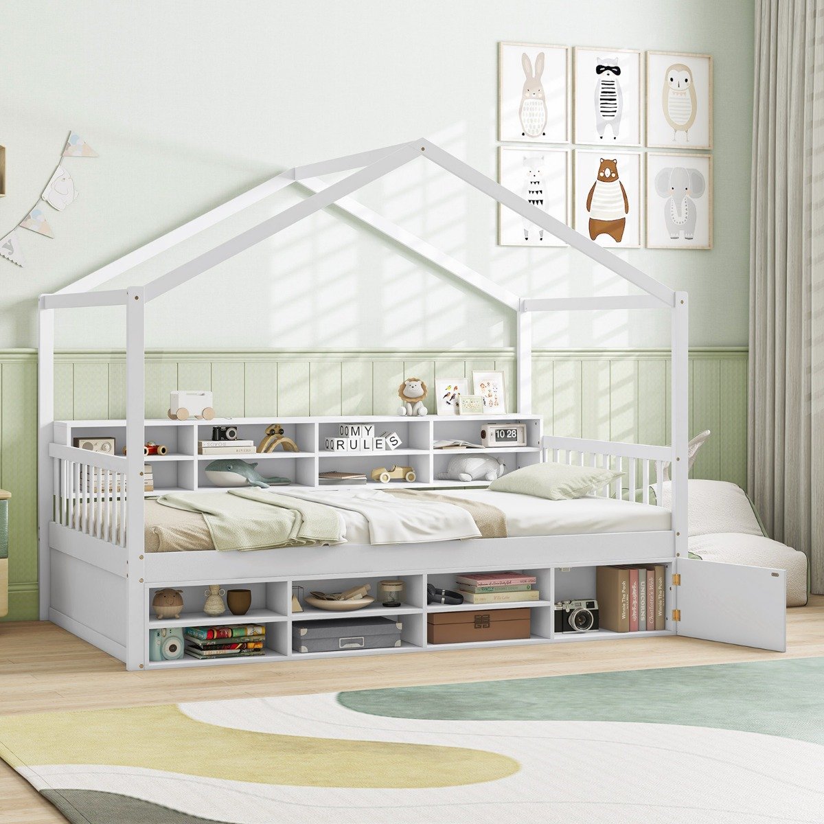 Hausbett 200 x 90 cm Kinderbett in Hausform mit Rausfallschutz & Lattenrost mit 14 Fächern Weiß von Costway