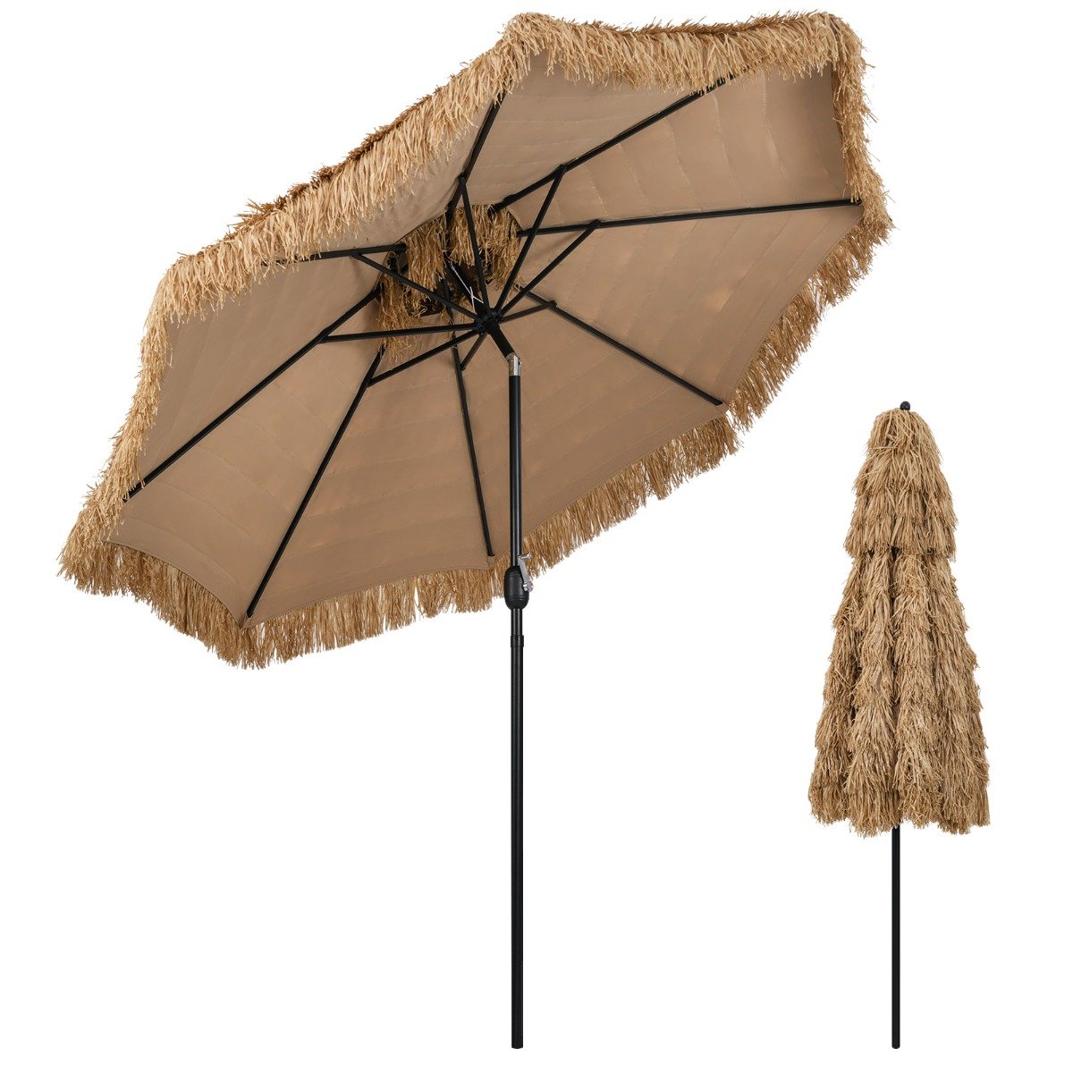 Hawaii Sonnenschirm mit Doppeldach Neigbarer Strohschirm Gartenschirm Stroh Strandschirm von Costway