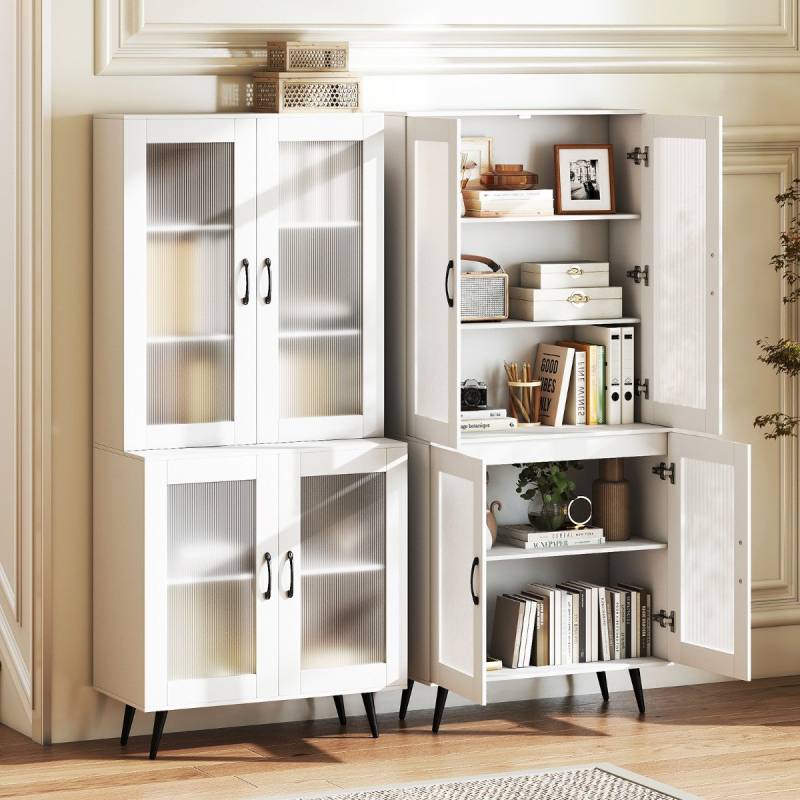 Hoch Küchenschrank mit 4 Transparenten Türen & Verstellbares Regal Küchenregal Buffetschrank Weiß von Costway
