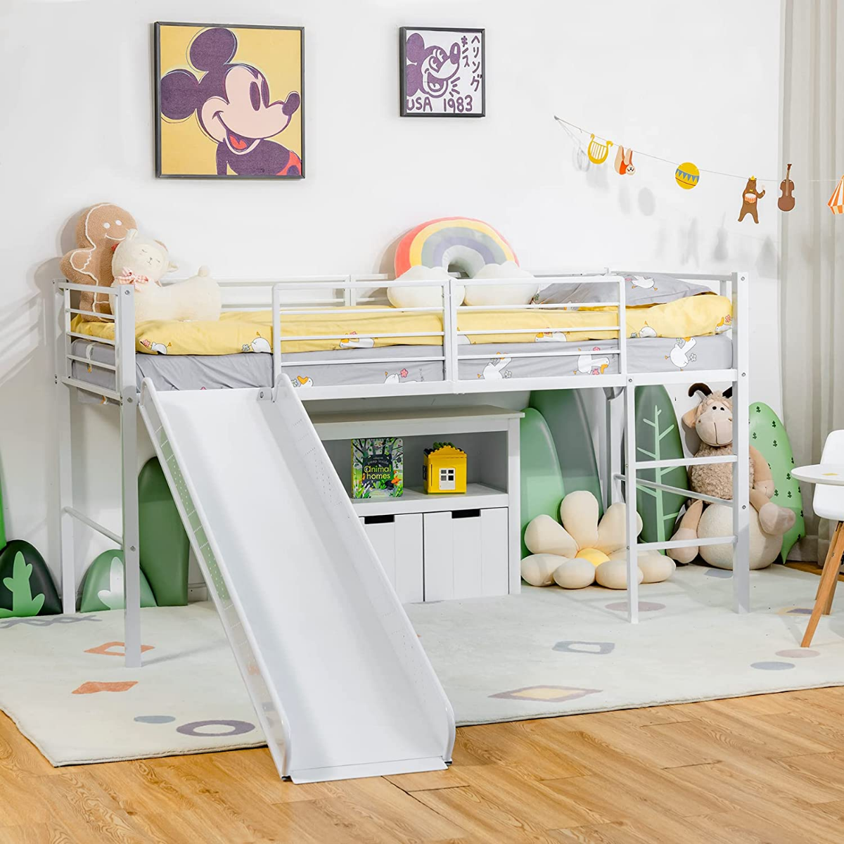 Hochbett Kinderbett-Rahmen mit mit Lattenrost & Rausfallschutz 198 x 96 x 109 cm Weiß von Costway