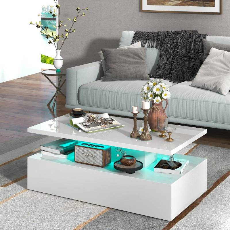 Hochglanz LED-Couchtisch mit Einstellbaren Lichtfarben & Helligkeit Kaffeetisch Weiß von Costway