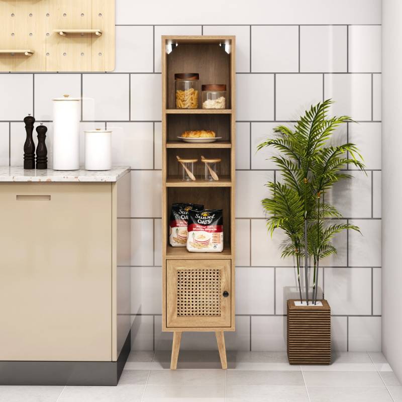 Hochschrank Rattan Bücherregal mit 4 Ablagen und Rattantür Kommode Boho Style von Costway