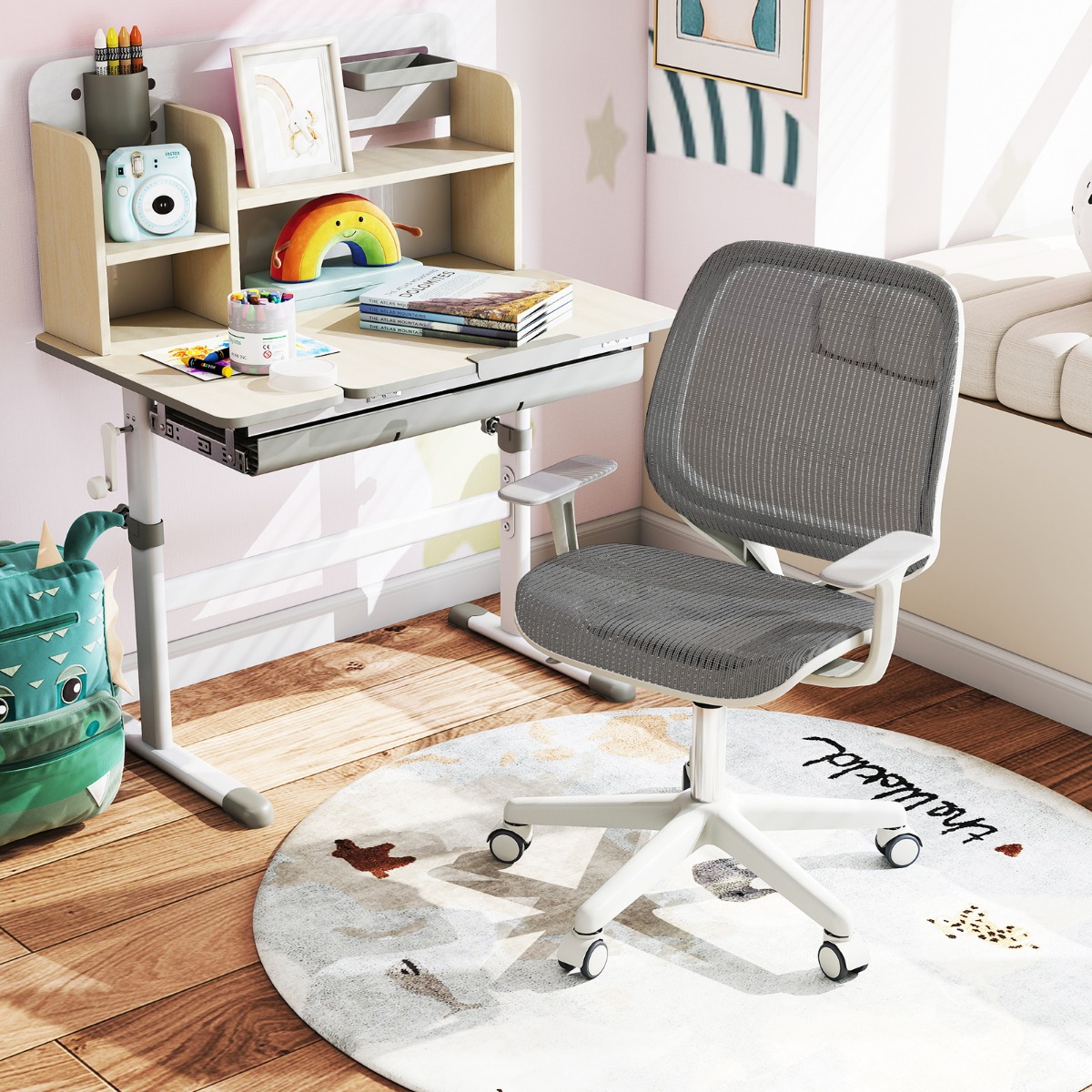 Höhenverstellbarer Kinderdrehstuhl mit Sitzbremse Ergonomischer Schreibtischstuhl Bürostuhl Grau von Costway
