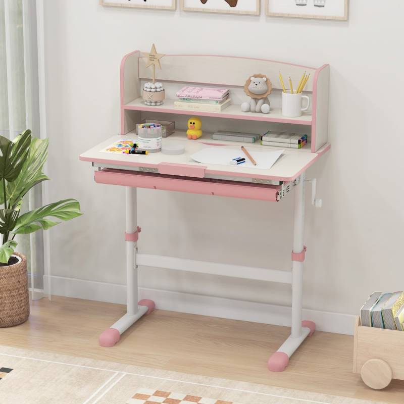 Höhenverstellbarer Schreibtisch mit Neigbarer Tischplatte & Schublade & Regal Kinder Studiertisch Rosa von Costway