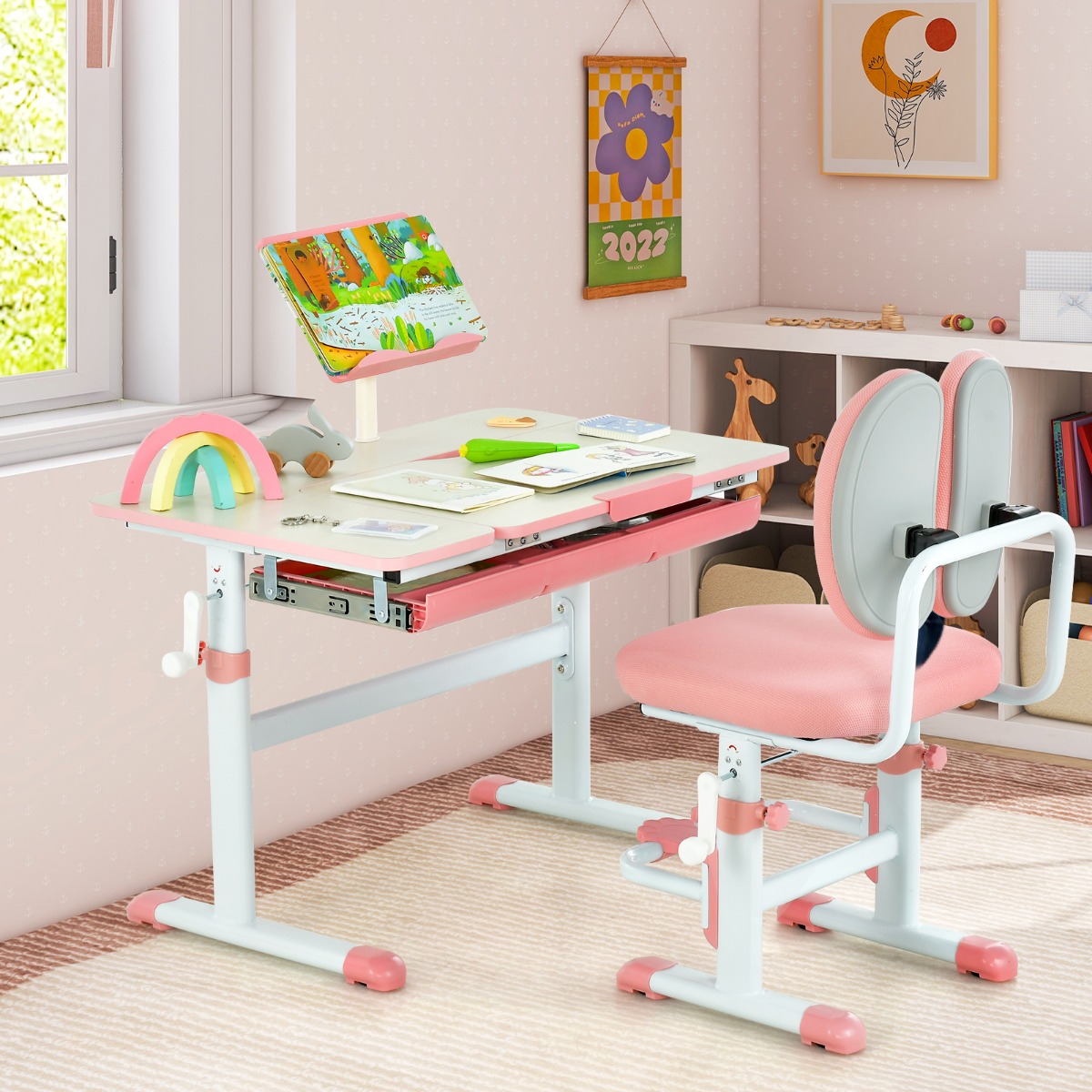 Kinderschreibtisch höhenverstellbar Schülerschreibtisch mit neigbarer Tischplatte (Rosa Tisch) von Costway