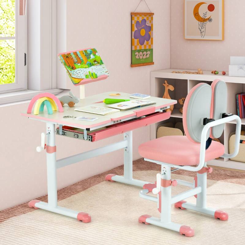 Kinderschreibtisch höhenverstellbar Schülerschreibtisch mit neigbarer Tischplatte (Rosa Tisch) von Costway