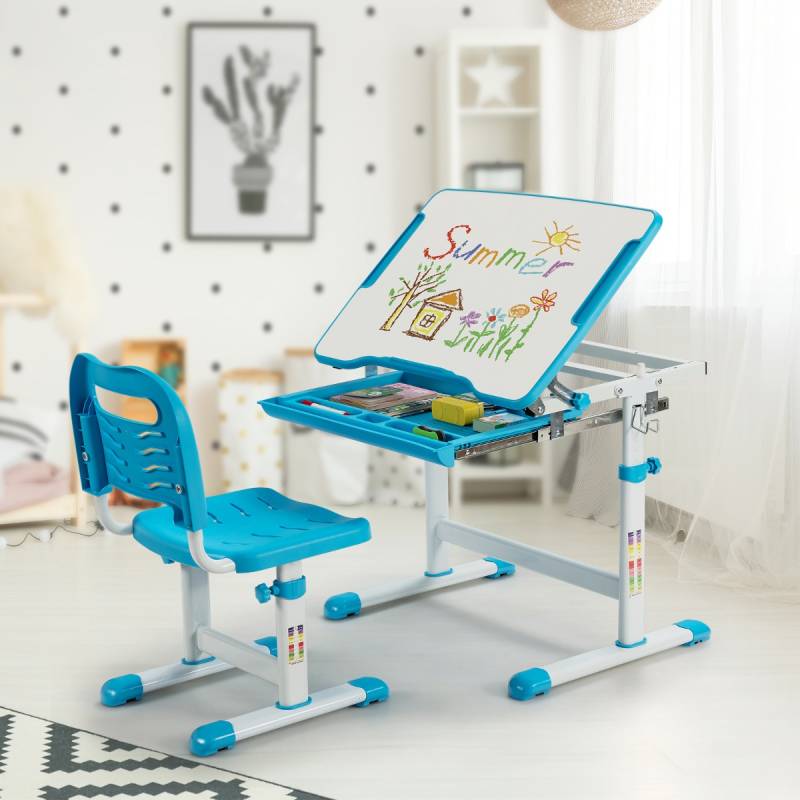 Höhenverstellbares Kinderschreibtisch Set mit Neigbarer Tischplatte & Schublade Blau von Costway