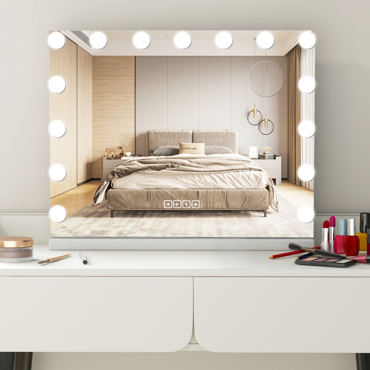 Hollywood Spiegel mit Beleuchtung Kosmetikspiegel für Schlafzimmer 58 x 10 x 48 cm Weiß von Costway