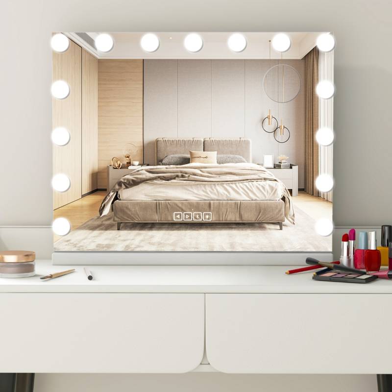 Hollywood Spiegel mit Beleuchtung USB-Ladeanschluss & Bluetooth-Lautsprecher Kosmetikspiegel für Schlafzimmer 58 x 46 cm Weiß von Costway