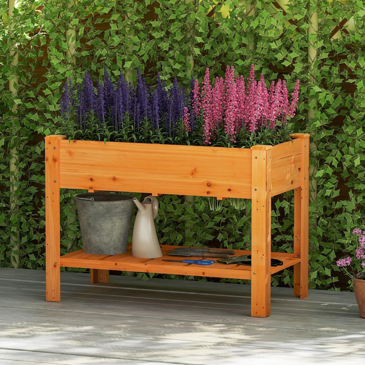 Holz Hochbeet mit Ablage & Entwässerungslöchern Erhöhtes Gartenbeet Pflanzkasten Braun von Costway