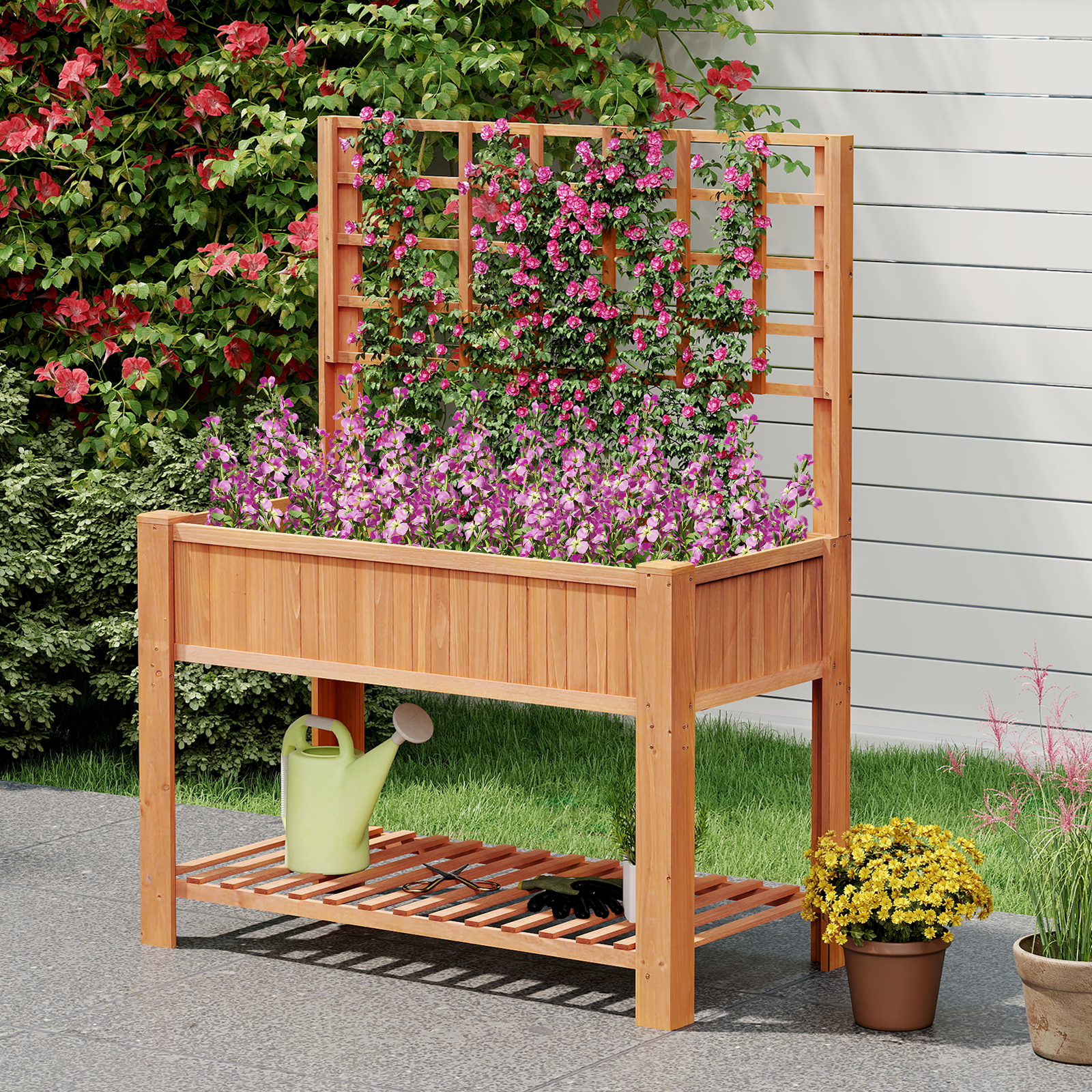 Holz Hochbeet mit Spalier & Ablage Blumenbeet mit Ablauflöchern Gartenbeet Pflanzkasten Braun von Costway