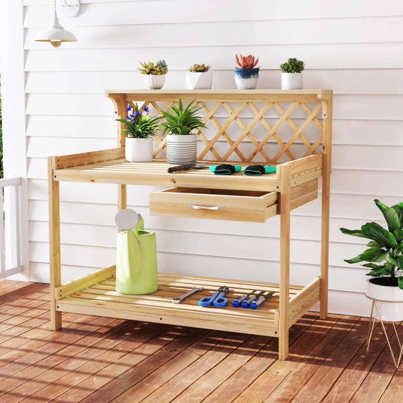 Holz Pflanztisch mit Rankgitter Gärtnertisch mit Arbeitsplatte & Schublade & 2 Ablagen Natur von Costway