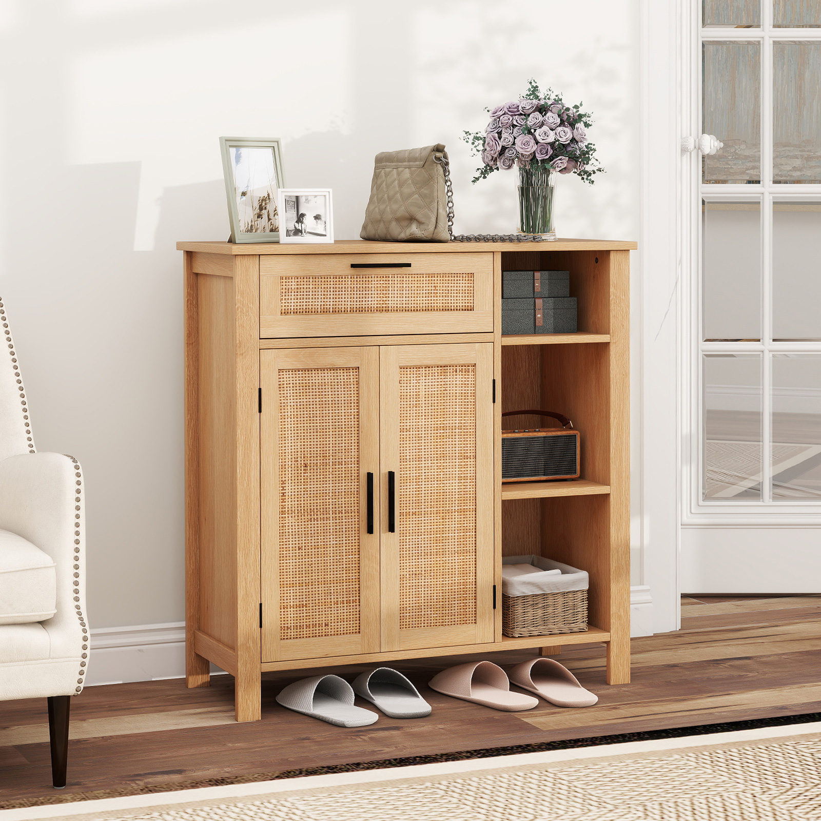 Holz Sideboard mit Rattangeflecht Türen & Schubladen Buffetschrank Küchenschrank Küchenbuffet von Costway