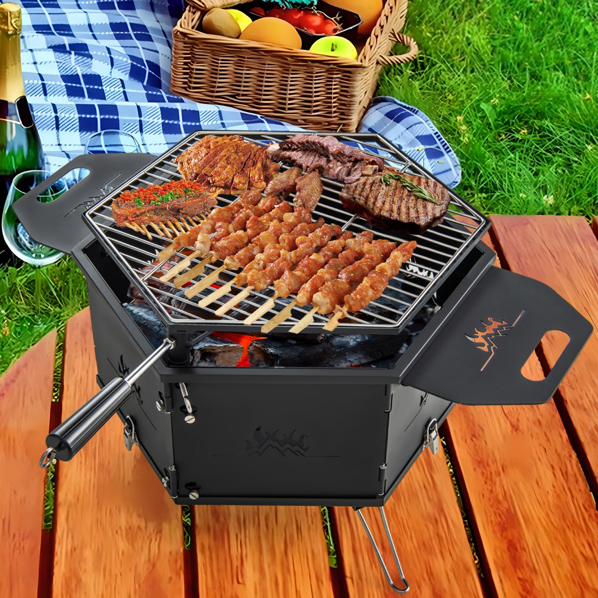 Holzkohlegrill mit 360° drehbarem Grill Klappgrill Campinggrill mit Griffen 77 x 74 x 38 cm von Costway