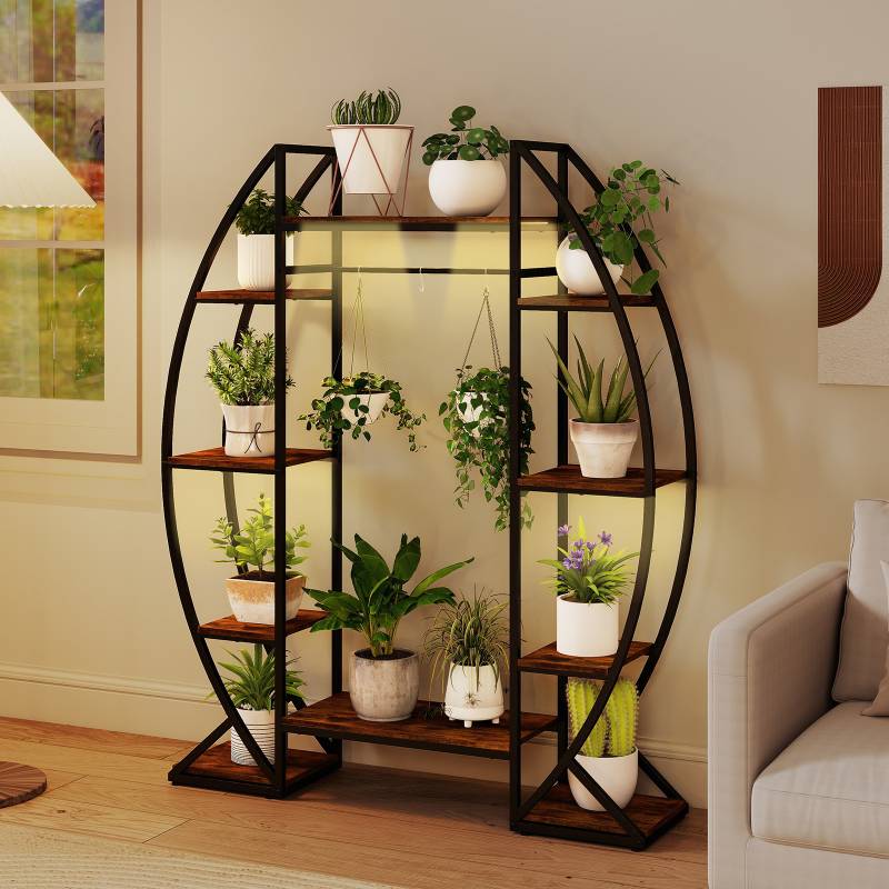 Indoor Pflanzenständer mit Wachstumslichtern 63" hoch 10-stufiges Eck-Metallpflanzenregal Braun von Costway