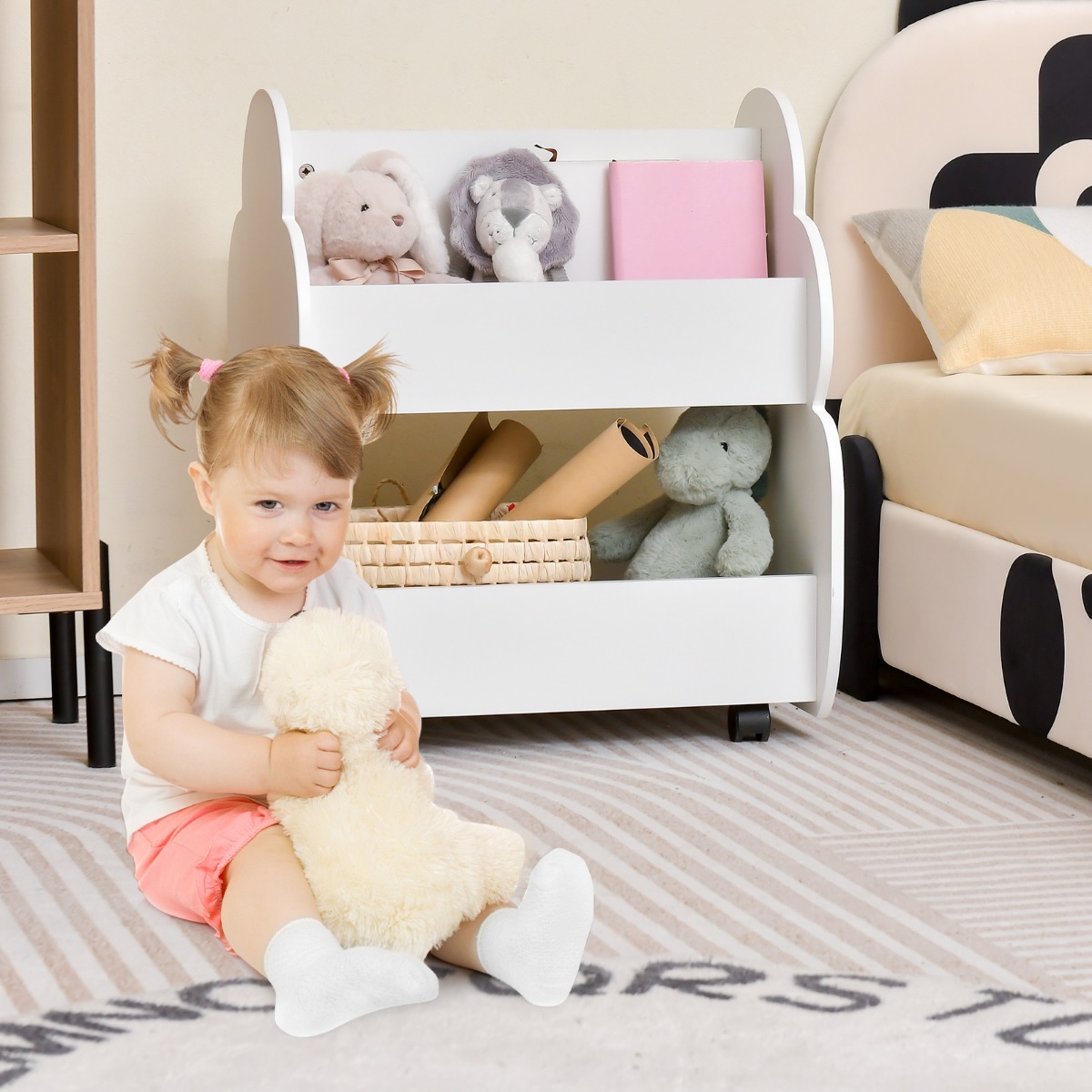 Kinder-Bücherregal auf Rollen Kinderregal mit Geräumigem Stauraum 52 x 47 x 63 cm Weiß von Costway