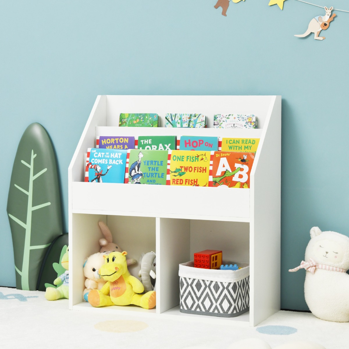 Kinder Bücherregal aus Holz mit 3-stufigem Fach & 2 Ablagen Spielzeugregal Weiß von Costway