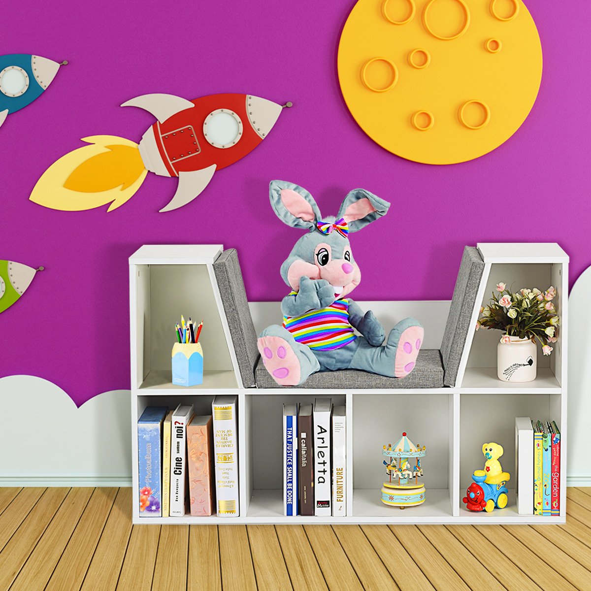 Kinder Bücherregal aus Holz mit Kissen & Rückenwand Würfelregal 102,5 x 30 x 63,5 cm Weiß Kinder Bücherregal aus Holz mit Kissen & Rückenwand Würfelregal 102,5 x 30 x 63,5 cm Weiß von Costway