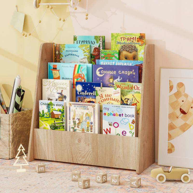 Kinder Bücherregal  mit 4 Ablagefächern Kinderregal Zeitschriftenständer Bücherständer Natur von Costway