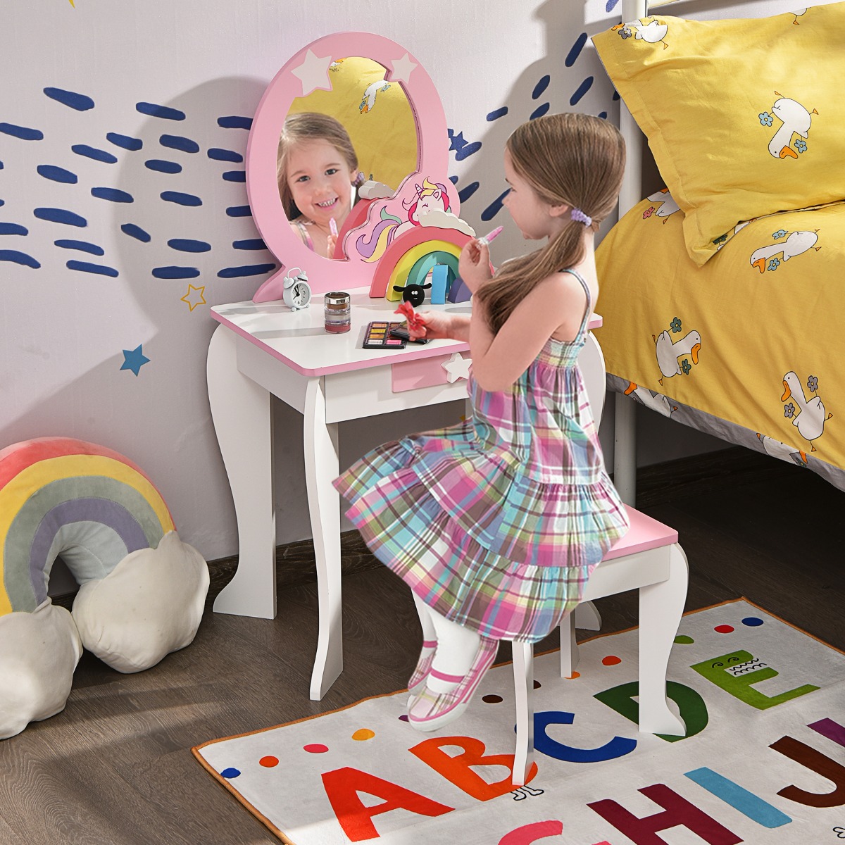 Kinder-Frisiertischset Prinzessinnen-Frisiertisch aus Holz mit Hocker Spiegel Schublade Weiß + Rosa von Costway