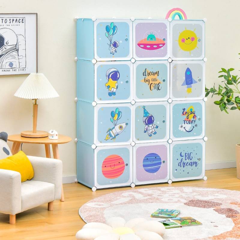 Kinder Kleiderschrank mit 2 Hängeabschnitten & 12 Würfeln Niedliche Cartoon-Kommode Blau von Costway