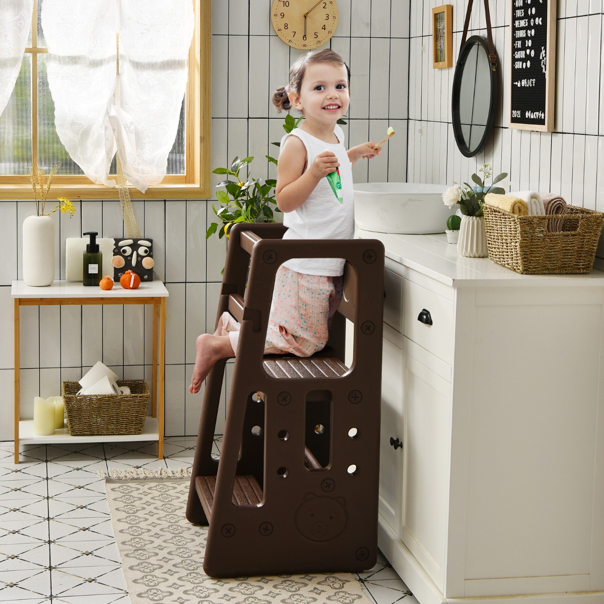 Kinder-Küchenhocker mit Doppelten Sicherheitshandläufen Kleinkindhocker 46,5 x 46,5 x 90 cm Braun von Costway