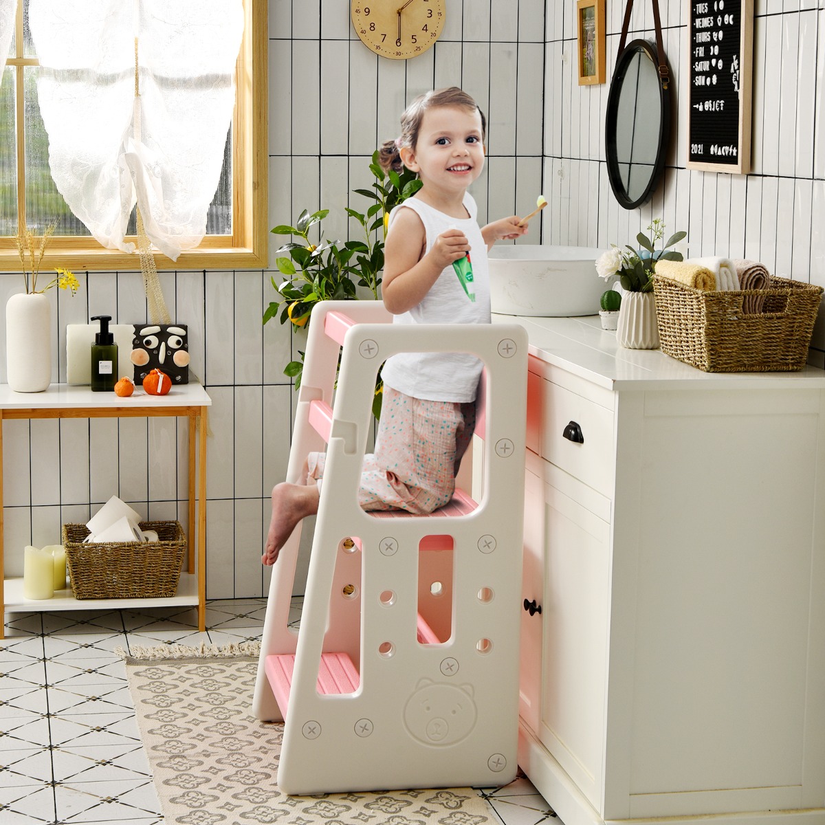 Kinder-Küchenhocker mit Doppelten Sicherheitshandläufen & 3 Verstellbaren Höhen & Rutschfesten Füßen Rosa von Costway