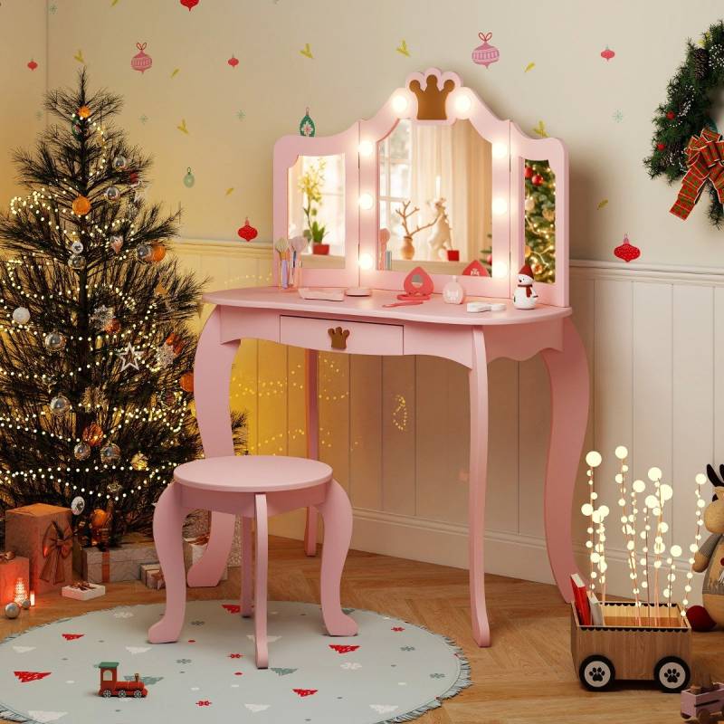 Kinder Schminktisch mit Beleuchtung Frisiertisch Mädchen mit dreifach klappbarem Spiegel Rosa von Costway