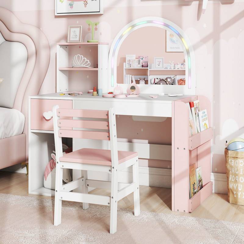 Kinder Schminktisch mit Beleuchtung Prinzessin Kinderschminktisch mit beleuchtetem Spiegel Frisiertisch Weiß von Costway
