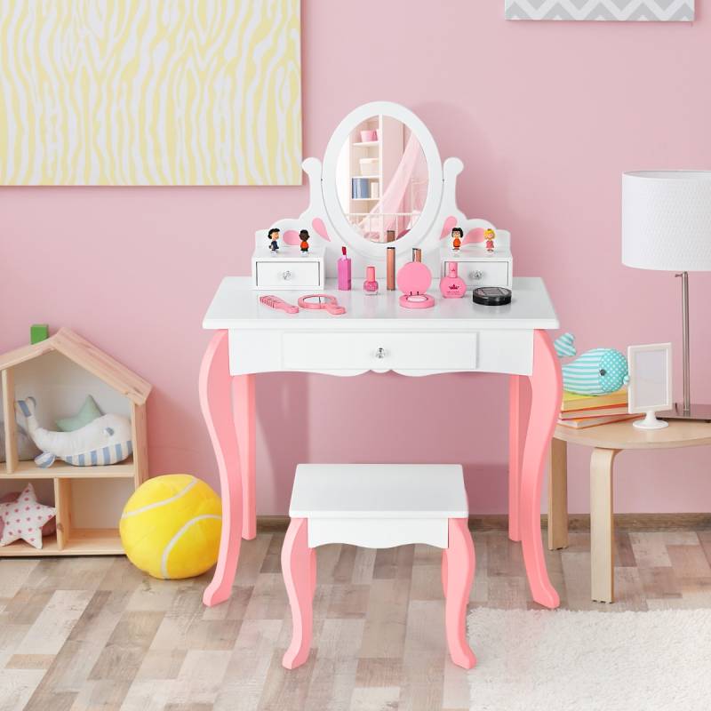 Kinder Schminktisch mit Hocker Prinzessin Frisiertisch mit 3 Schublade & Spiegel Weiß von Costway