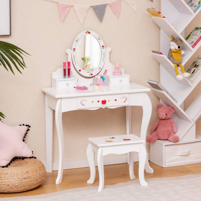 Kinder Schminktisch & Hocker Set Schminktisch mit 360° drehbarem Spiegel Weiß von Costway