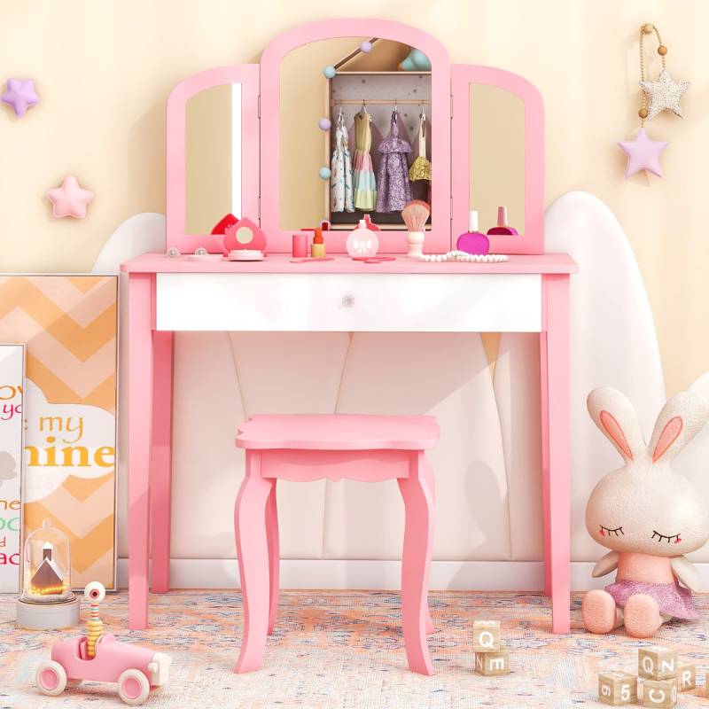 Kinder Schminktisch- und Stuhl-Set Schminktisch-Set mit Klappbarem Spiegel & Schublade Rosa + Weiß von Costway