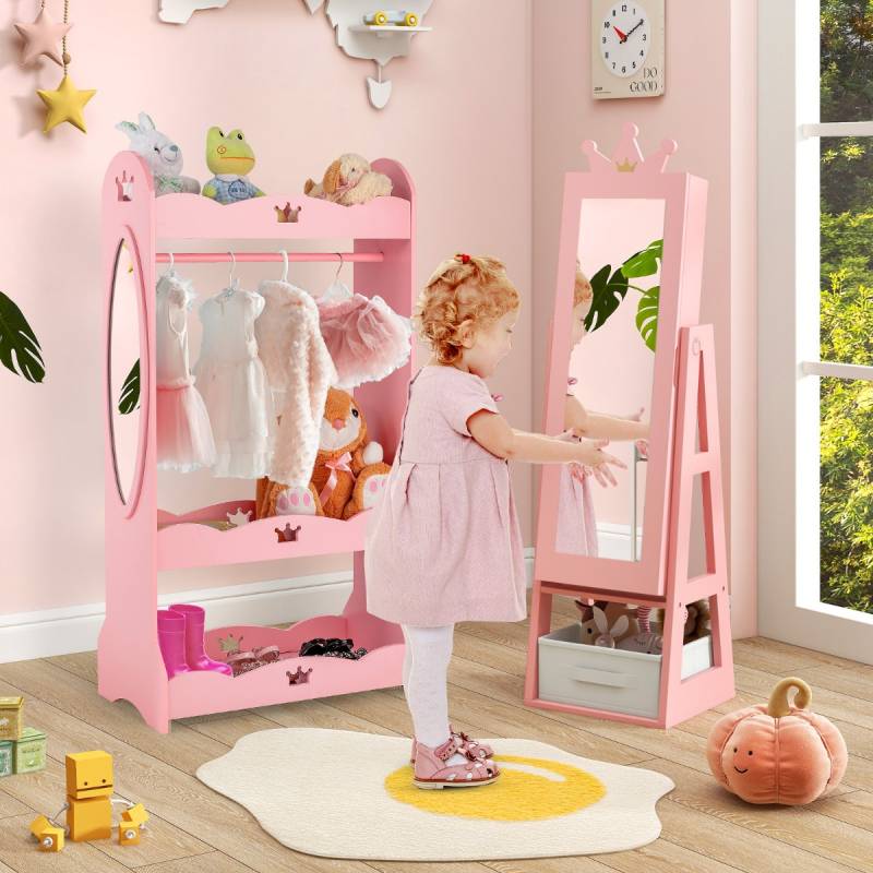 Kinder Schmuckschrank 3 in 1 Spiegelschrank neigbar mit Ganzkörperspiegel Rosa von Costway