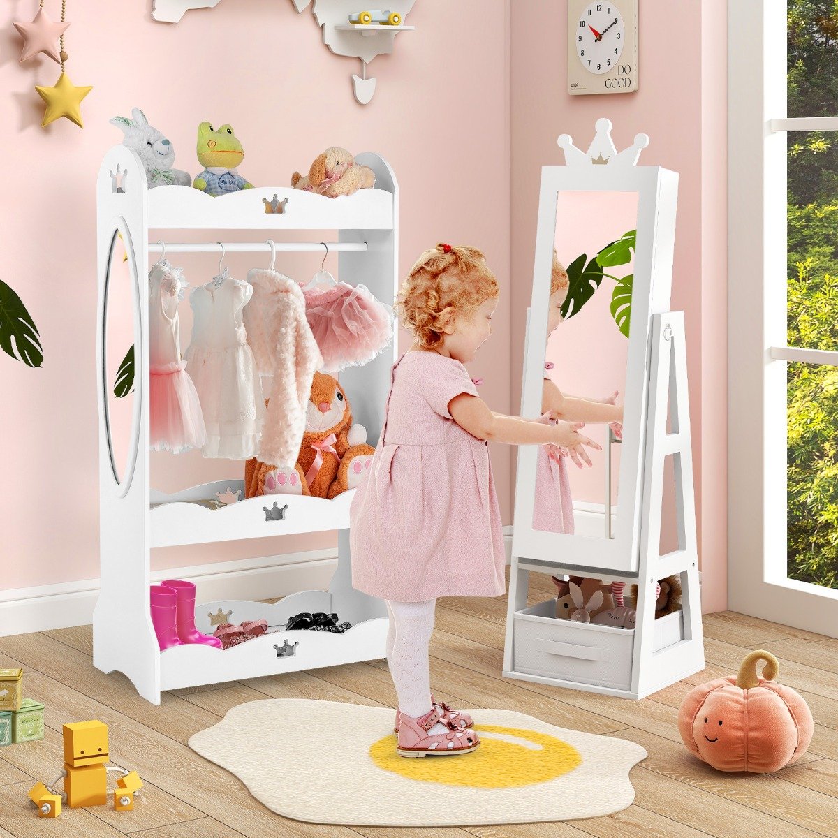 Kinder Schmuckschrank 3 in 1 Spiegelschrank neigbar mit Ganzkörperspiegel Weiß von Costway