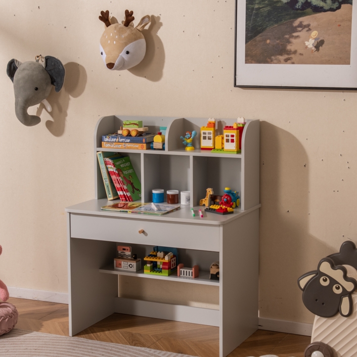 Kinder Schreibtisch mit Schublade & Ablagefach Holz Schülerschreibtisch Kindertisch Grau von Costway