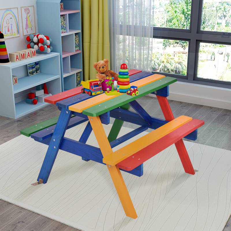 Kinder Sitzgruppe aus Holz Sitzgarnitur Gartengarnitur Kindermöbel Kindertisch mit Sonnenschirm & 2 Bänken für Außen von Costway