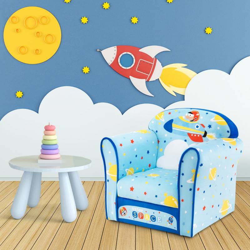 Kinder-Sofa Kleinkinder Polster-Armlehnenstuhl mit massivem Holzrahmen 50 x 40 x 44 cm (Raumschiff) von Costway