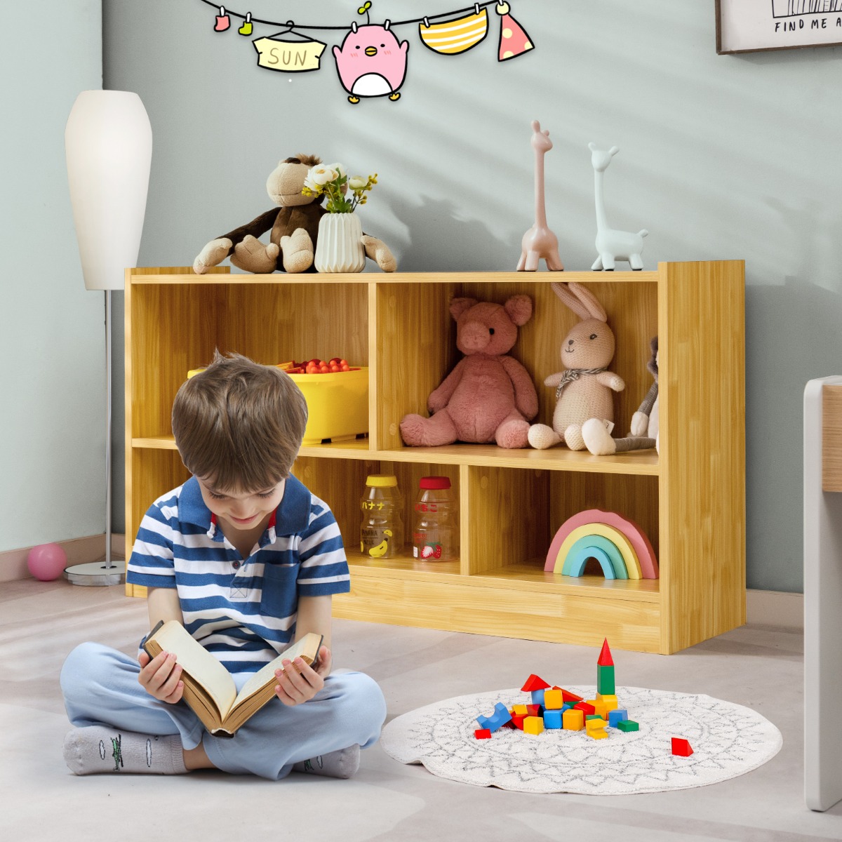 Kinder Spielzeugschrank aus Holz Kinderregal Bücherregal 111 x 30 x 61,5 cm Gelb von Costway
