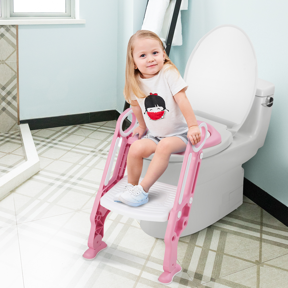 Kinder Toilettensitz höhenverstellbar Töpfchentraining Toilettensitz faltbarer Toilettentrainer Sitz Rosa von Costway