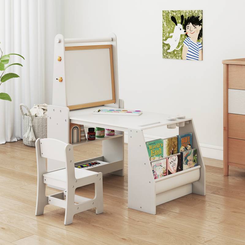 Kinderkunsttisch- & Stuhl-Set Kindertisch mit Staffelei & Stuhl Whiteboard & Kreidetafel Grau von Costway