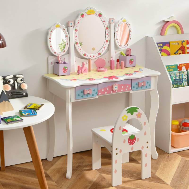 Kinderschminktisch Set Prinzessin Frisiertisch mit Klappbarem Spiegel 70 x 34 x 105 cm Weiß von Costway