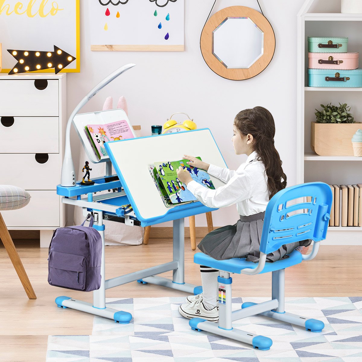 Kinderschreibtisch Neigungsverstellbar Schülerschreibtisch mit Lampe und Stuhl Farbewahl-Blau von Costway
