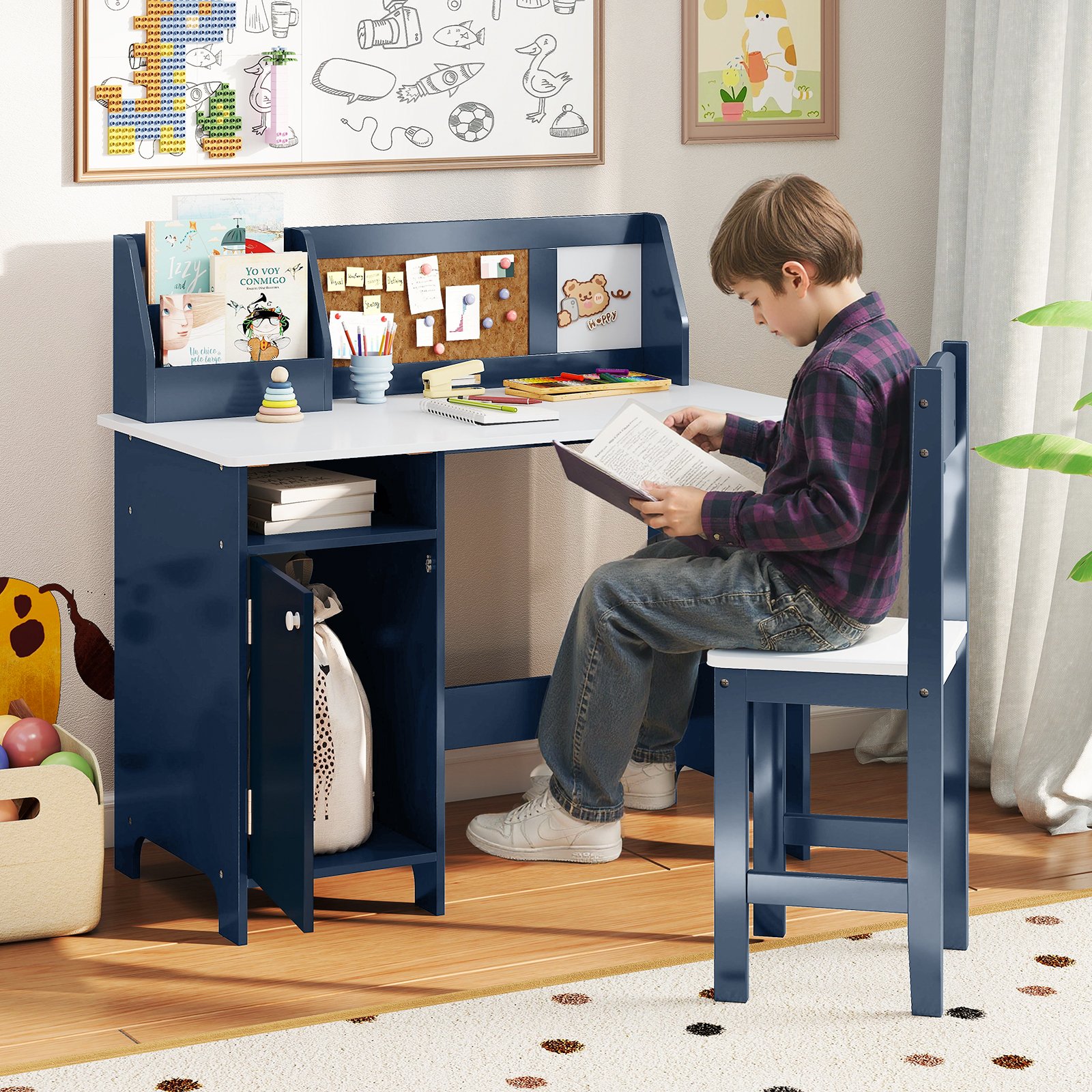 Kinderschreibtisch Set Schreibtisch Kinder mit Stuhl aus Holz Schülerschreibtisch mit Bücherregal Blau Kinderschreibtisch Set Schreibtisch Kinder mit Stuhl aus Holz Schülerschreibtisch mit Bücherregal Blau von Costway