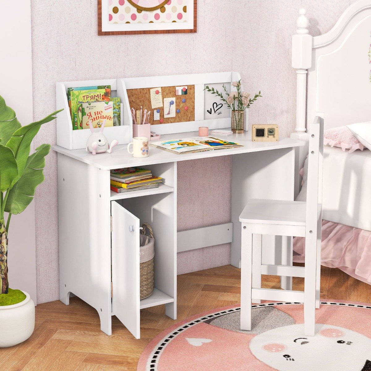 Holz Kinderschreibtisch Set mit Stuhl & Bücherregal & Schrank & Pinnwand Schreibtisch Weiß von Costway