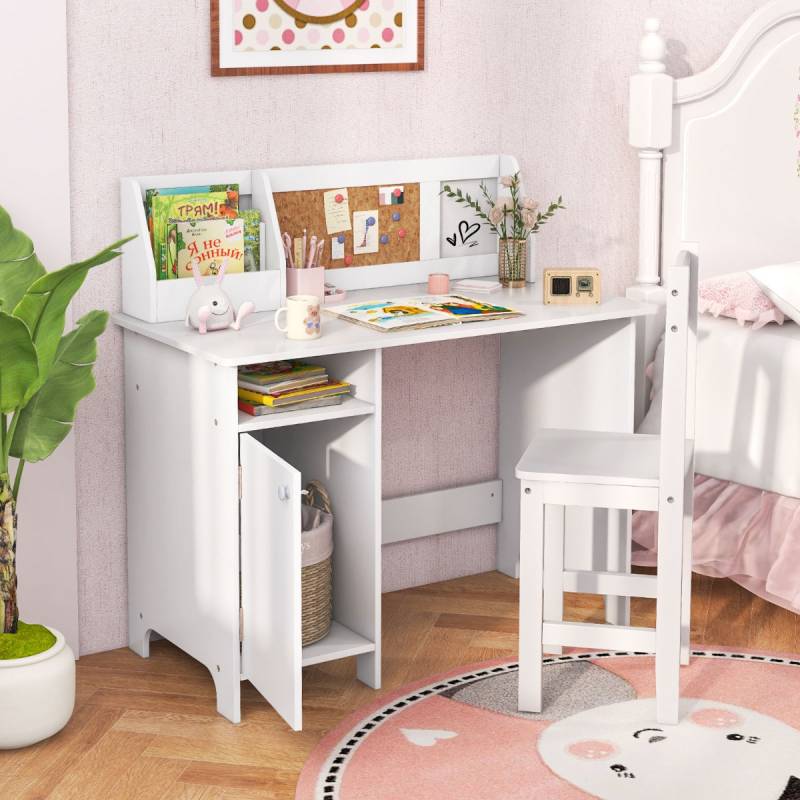 Holz Kinderschreibtisch Set mit Stuhl & Bücherregal & Schrank & Pinnwand Schreibtisch Weiß von Costway