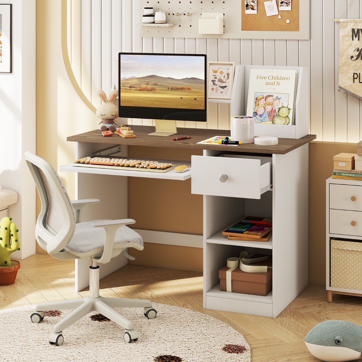 Kinderschreibtisch aus Holz Schülerschreibtisch mit Ablage Kindertisch 100kg belastbar 90 x 45 x 90 cm Natur von Costway